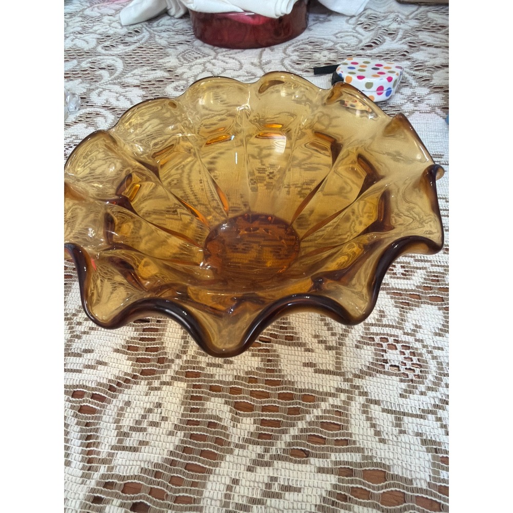 Vintage Amber Glass Ruffled‎ Bowl Mid Century Modern Scalloped Thumbprint 8.5"